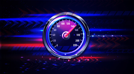 Close up of a glowing blue and red illuminated car speedometer dial with a needle indicating high speed isolated on transparent background