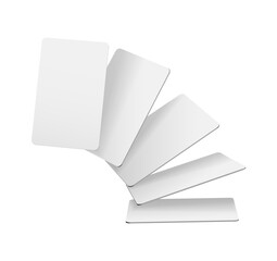 A fanned out group of blank white business cards or credit cards arranged in a curve isolated on transparent background