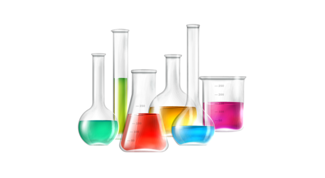Collection of colorful laboratory glassware containing liquids isolated on transparent background for science and research