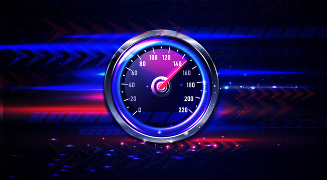 Close up of a glowing blue and red illuminated car speedometer dial with a needle indicating high speed isolated on transparent background