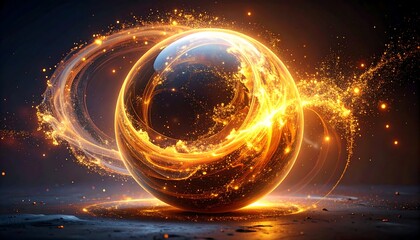 Glowing orb with swirling energy, on surface. Warm hues contrast with a dark background, creating a cosmic effect
