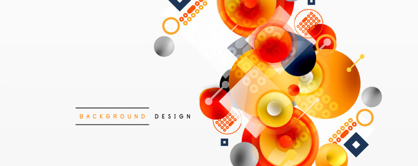 Abstract geometric design. Circles, squares, vibrant colors create modern background. Minimalist composition, dynamic shapes, clean aesthetic.