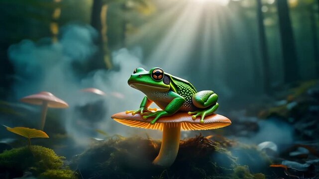 Colorful tree frog on mushroom macro nature closeup wild scene sunligh