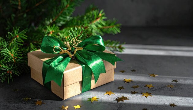 Festive Christmas Gift Box with Green Ribbon and Pine Tree Branch.