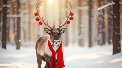Festive reindeer with red scarf and ornaments on antlers walks through a snowy forest during winter holidays