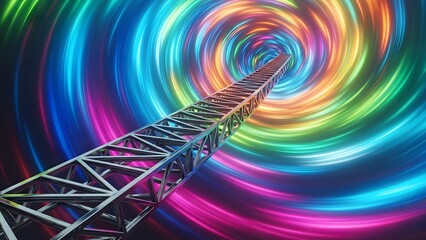 A futuristic metal truss extends into a vibrant, swirling rainbow light tunnel.