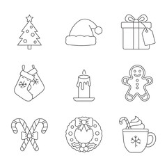 Classic Christmas Symbols and Cozy Winter Holiday Line Icons Set