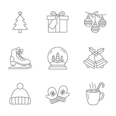 Festive Winter Holiday and Christmas Essentials Line Icons Set