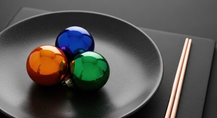 Shiny Christmas Ornaments on a Black Plate
