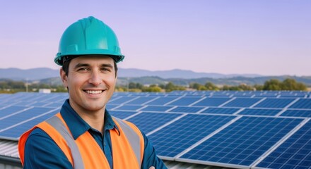 Smiling Engineer Standing Near Solar Panels Outdoors