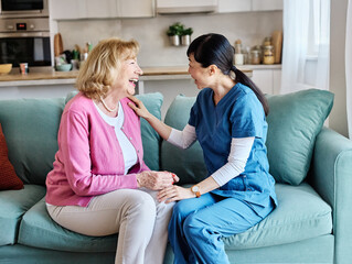 Doctor or nurse caregiver with senior woman talking and having fun at home or nursing home