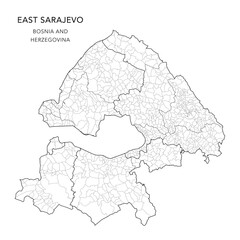 Vector Map of the Mesoregion of East Sarajevo (Mezoregija Istočno Sarajevo) with Settlements (Naselja), and Cities and Municipalities, and Subregions - Republika Srpska, Bosnia and Herzegovina 2025