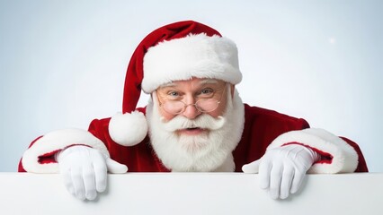 Naklejka premium Jolly santa claus in traditional red suit and hat, wearing glasses, peeking over a white surface with a festive smile.