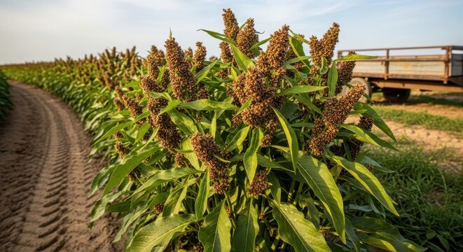 Sorghum plants growing abundantly in a sunlit agricultural field