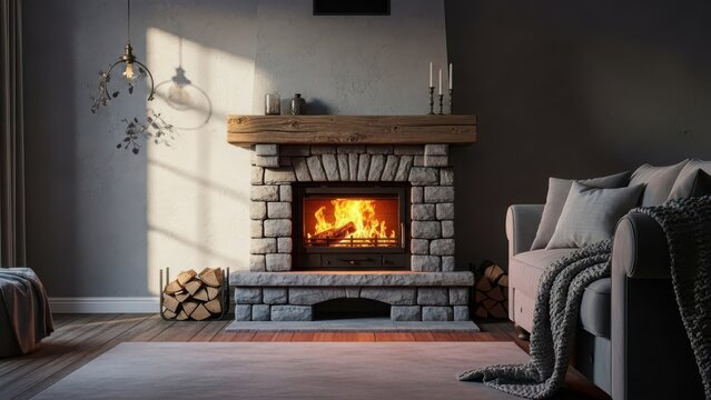 Cozy living room with a stone fireplace roaring with flames, sunlight streaming in, and comfortable sofa with blanket, creating inviting atmosphere.