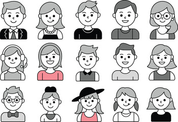 Cartoon avatar silhouettes, diverse character icons, editable vector, black design elements, user profile set, flat style, social media identity