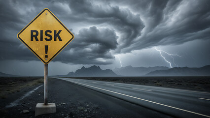 A road sign with risk against a stormy sky symbolizes danger ahead 87028122 1