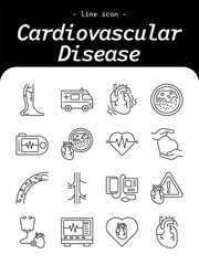 Cardiovascular Disease thin line icon set. Heart health, blood vessels, symptoms, prevention, treatment, and medical outline icon collection.