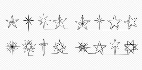 Collection of continuous line art stars and various minimalist star shapes vector illustration set.