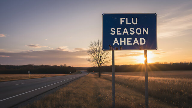 A road sign reading flu season ahead against a sunset sky symbolizing preparation and awareness 16992201 1