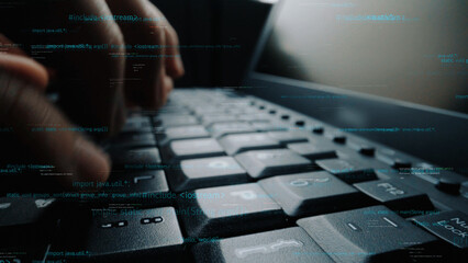 A close-up shot capturing hands actively typing on a laptop keyboard, with an overlay of glowing code, highlighting the importance of technology in daily tasks. Xenic
