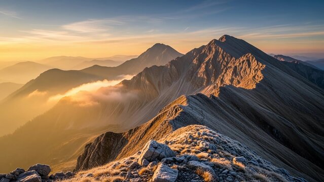 A breathtaking alpine landscape featuring a rugged mountain ridge leading towards distant peaks bathed in the warm,golden light of sunrise - Powered by Adobe