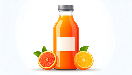 Vibrant orange juice in a sleek glass bottle, perfectly complemented by fresh citrus halves and green leaves, capturing the essence of natural refreshment and healthy living in a bright studio setting