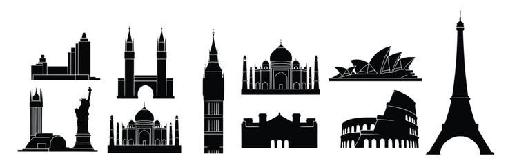 twelve famous world landmarks silhouettes isolated on white