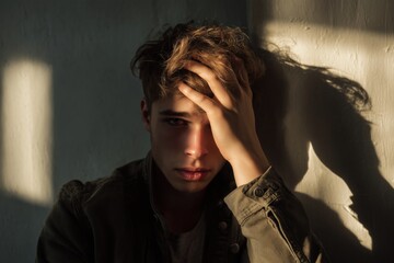 A captivating portrait of a handsome young man bathed in dramatic lighting. He appears to be in deep thought, his hand resting on his head.