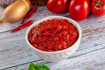 Bulgarian traditional lutenica pepper sauce