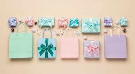 Flat lay composition of pastel gift boxes and shopping bags with festive decorations on a beige background, perfect for holiday retail and celebrations.