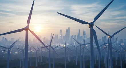 Majestic wind turbines silhouetted against a vibrant sunrise or sunset, with a blurry modern city skyline in the background, representing sustainable urban energy.
