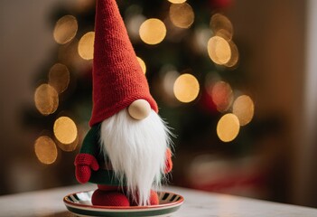 Festive christmas gnome with red hat and long white beard in warm holiday setting