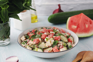 Watermelon and cottage cheese salad served for lunch