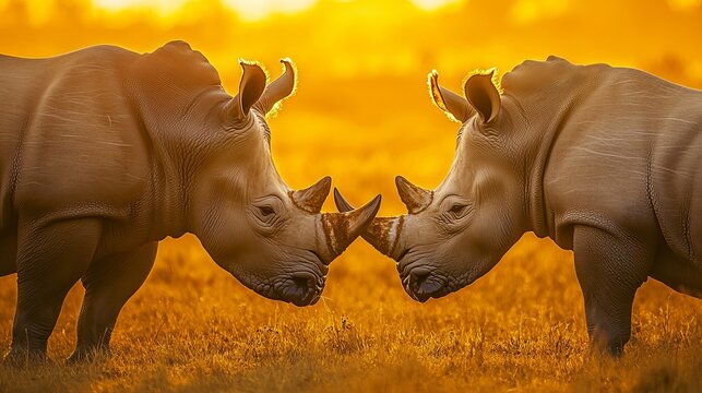 Pair of white rhinoceroses facing each other during sunset territorial standoff in ol pejeta conservancy, kenya