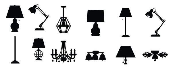 various lamp silhouettes isolated on white background 