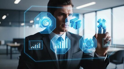 Businessman interacting with holographic display, browsing multiple images in a virtual environment Hands businessman touch Ai in his office. Hologram,analytics - Powered by Adobe