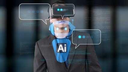 A businessman explores virtual reality technology while interacting with an AI chatbot, surrounded by digital data visualizations in a sleek office setting. Raster