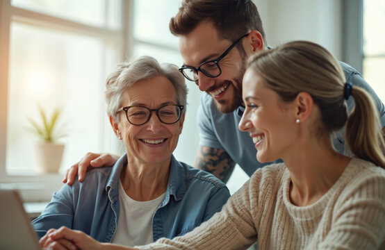 Smiling grandmother, son, and daughter-in-law look at laptop together. Family shares happy moment, viewing content online. Intergenerational bonding, learning, and digital connection at home.