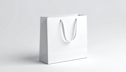 Blank white paper bag mockup with thin silk handle open, isolated, 3D rendering