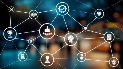 Quality approval and certification icons showing verified badge, standard check, award, trophy, inspection, rating, quality management, guarantee, trust, and compliance. Gist