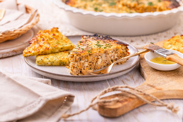 Savory onion and meat pie or tart with cream cheese, gluten free