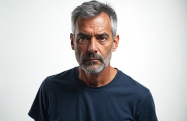 Serious middle-aged man with grey hair, beard looks intensely forward. Determined expression on face, set against clean white background. Gaze direct, unwavering. Wears simple dark t-shirt, conveying