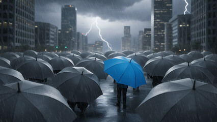 Blue umbrella among gray ones symbolizes unique asset protection in a stormy business environment 59307295 1