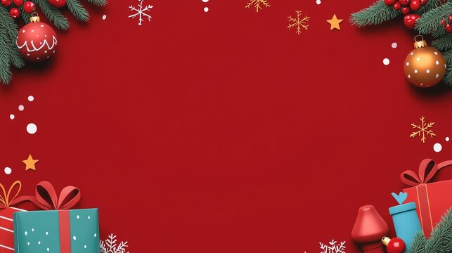 Red background Christmas themed border with cartoon decorations, gifts, and snowflakes, left side blank for text or graphics, ideal for online presentation, YouTube thumbnail, and social media post