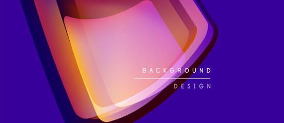 Abstract design features layered shapes, vibrant colors. Purple background contrasts orange, pink hues. Text reads background design. Modern, dynamic visual.