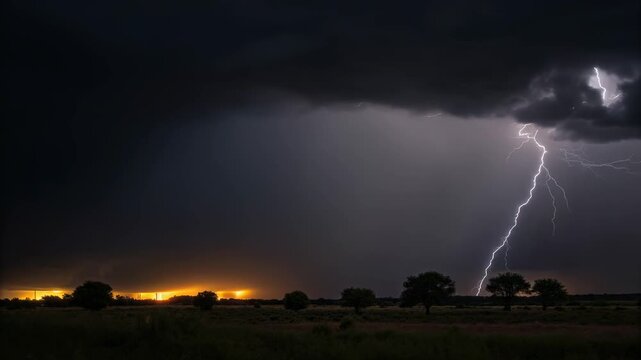 AI climate forecasting concept. Dramatic Lightning Storm Illuminates Night Sky Showcasing Nature Power and AIs Role in Climate Forecasting