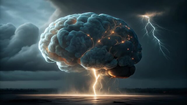 AI climate forecasting concept. Digital Brain and Lightning AIs Role in Climate Forecasting with Stormy Skies and Electricity