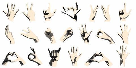 Various hand gestures and signs isolated on white background
