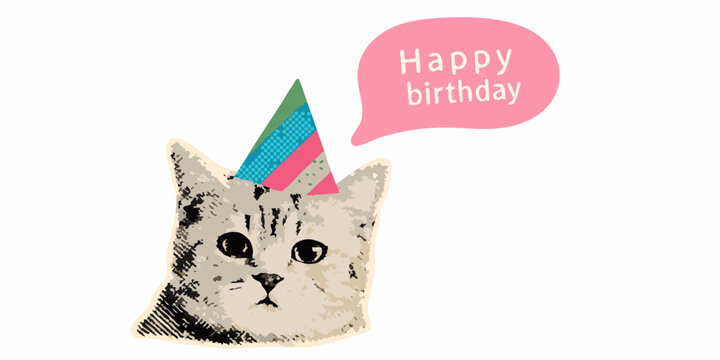 Cute cat wearing a party hat saying happy birthday illustration